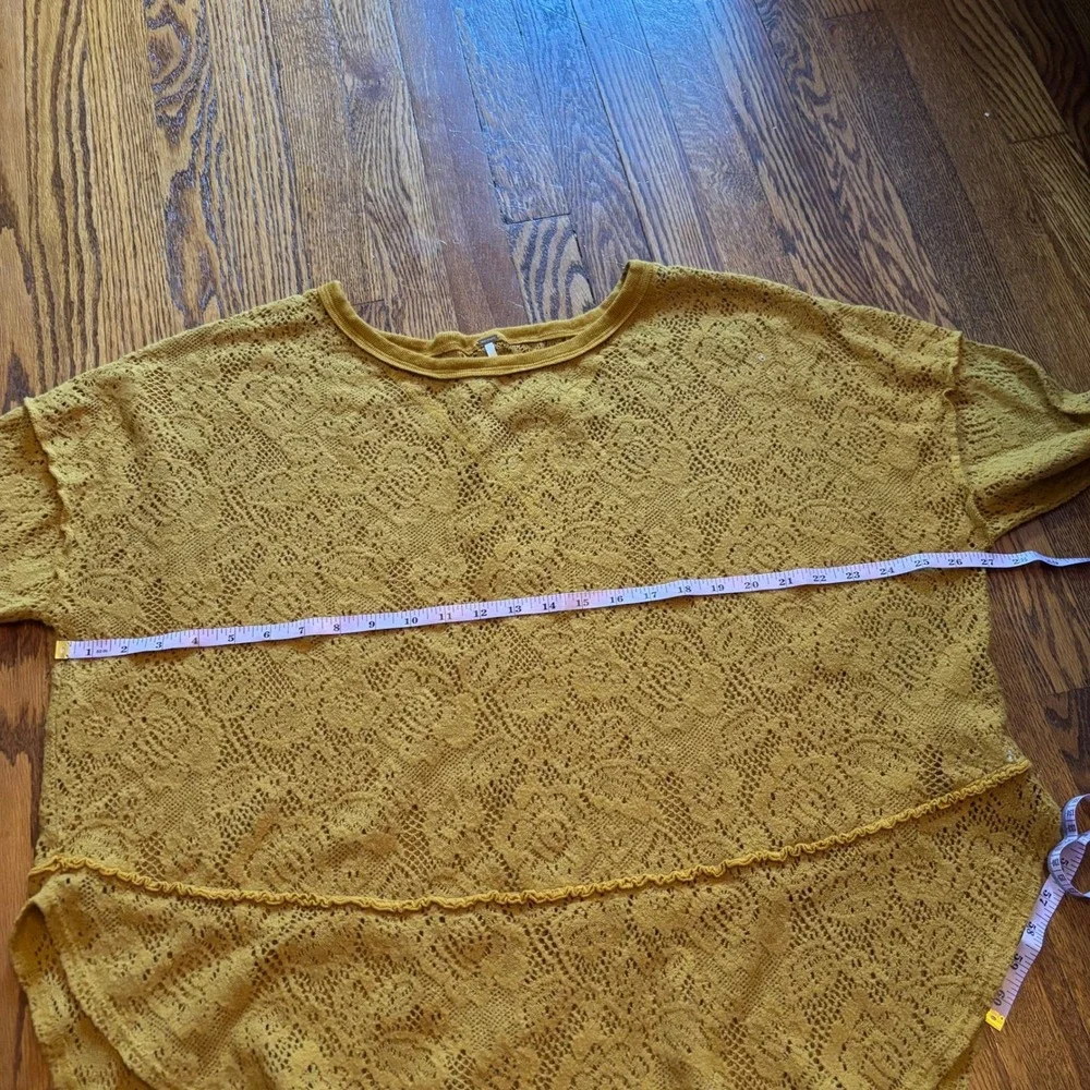 Free People Mustard Yellow Lace Knit Crochet Sweater Boho Slouchy Pullover Top